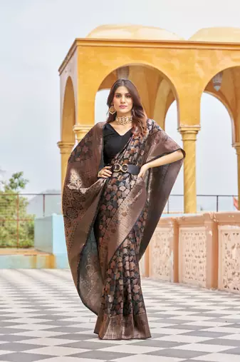 Black kanjivaram silk blend zari Woven Floral Design Casual Wear Women Silk Saree With Blouse
