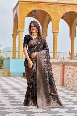 Black kanjivaram silk blend zari Woven Floral Design Casual Wear Women Silk Saree With Blouse 7