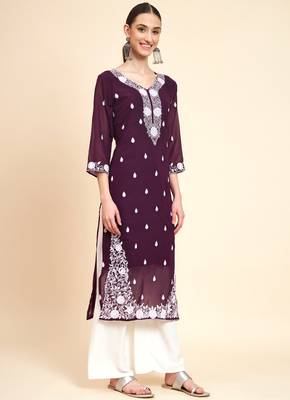 Ethnic Wine Colour Festive Wear Lukhnowi Work Kurti 1