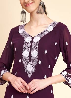 Ethnic Wine Colour Festive Wear Lukhnowi Work Kurti 3