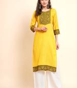 Yellow Colour Girlish Sequins Embroidery Cotton Kurti