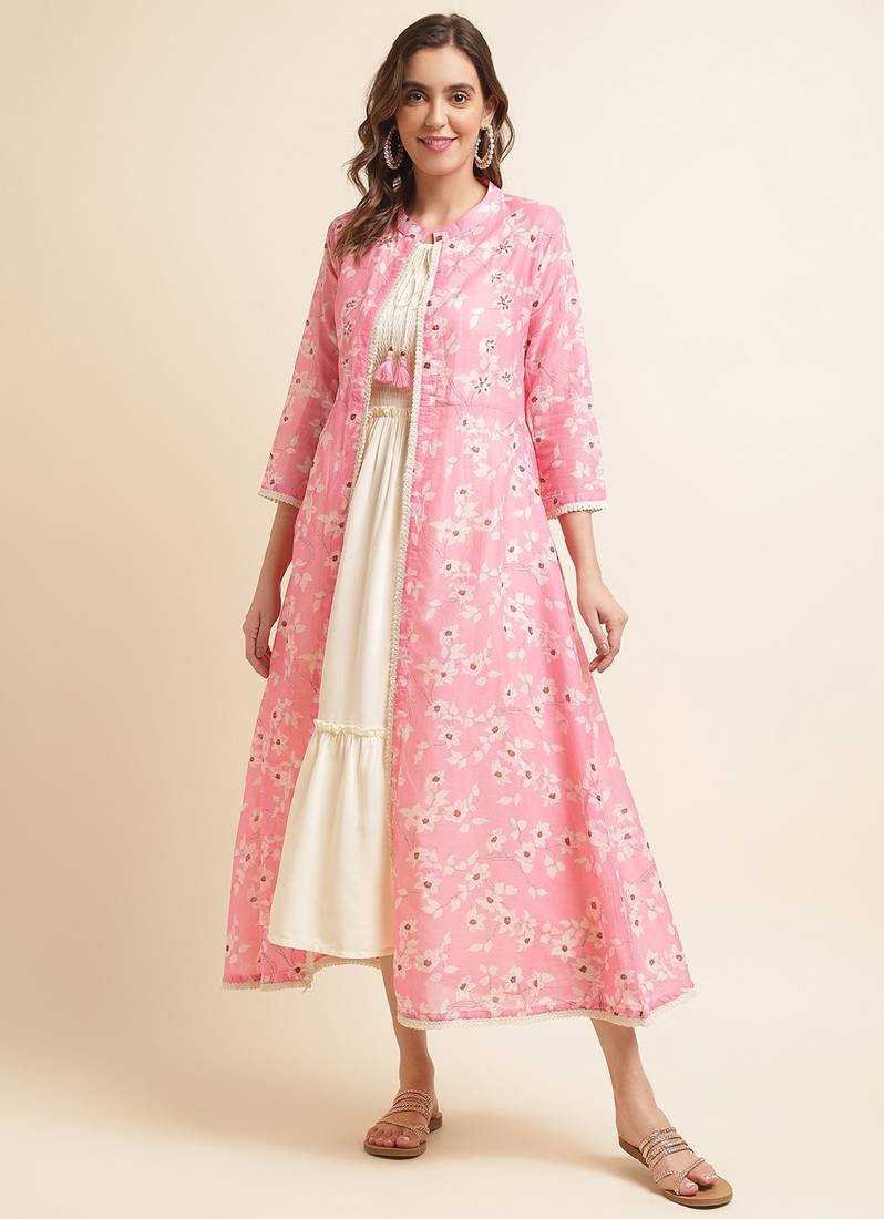 Stylish White And Pink Colour Koti Jacket Set With Ethnic Prints