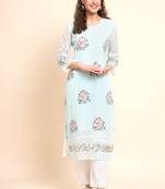 Sky Blue Colour Floral Embroidered Casual Office Kurti