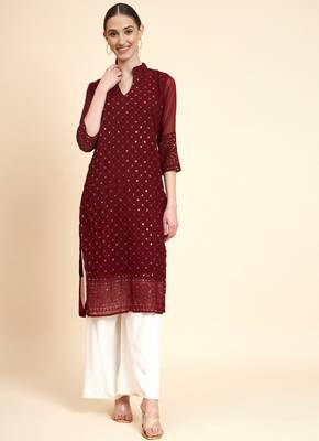 Designer Sequins Work Partywear Kurti In Maroon Colour 1
