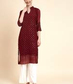 Designer Sequins Work Partywear Kurti In Maroon Colour