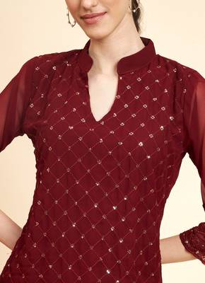 Designer Sequins Work Partywear Kurti In Maroon Colour 3