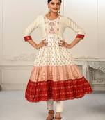 Ethnic Cream Colour Foil Print Kurti With Embroidery Work