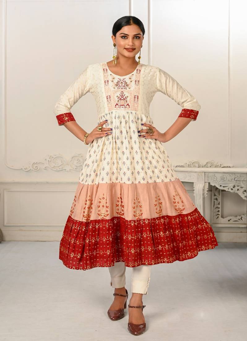 Ethnic Cream Colour Foil Print Kurti With Embroidery Work