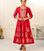 Ethnic Red Colour Foil Print Kurti With Embroidery Work