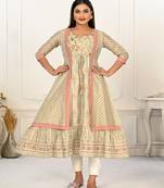 Ethnic Pista Colour Foil Print Kurti With Embroidery Work