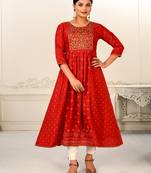 Designer Foil Printed Partywear Red Colour Cotton Kurti With Embroidery Work