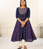 Designer Foil Printed Partywear Purple Colour Cotton Kurti With Embroidery Work