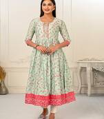 Green Colour Ethnic Foil Print And Beautiful Embroidery Work Partywear Kurti