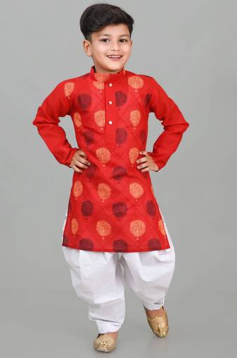 Red boys poly-cotton printed kurta and patiyala set for boys