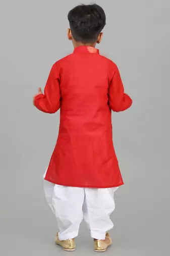 Red boys poly-cotton printed kurta and patiyala set for boys