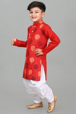 Red boys poly-cotton printed kurta and patiyala set for boys 3