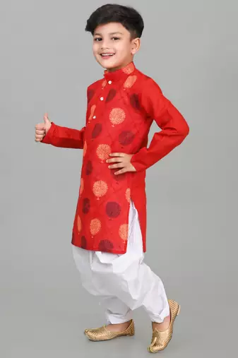 Red boys poly-cotton printed kurta and patiyala set for boys