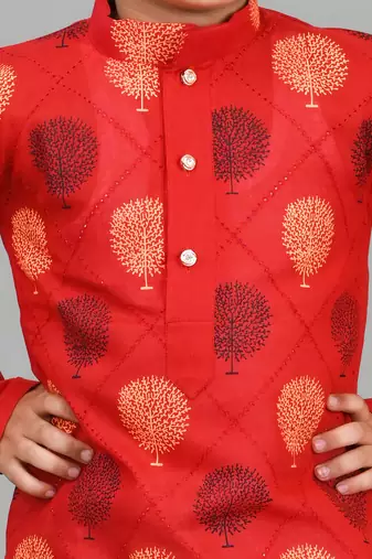Red boys poly-cotton printed kurta and patiyala set for boys