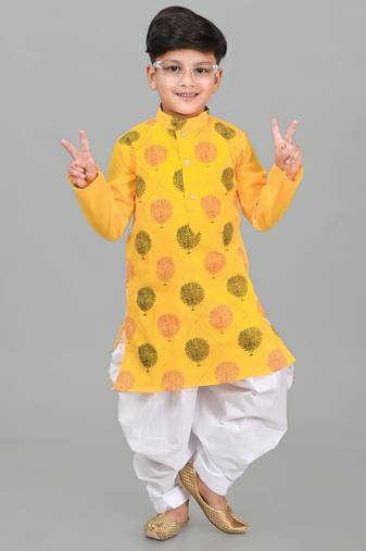 Yellow poly-cotton printed kurta and patiyala