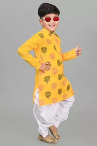 Yellow poly-cotton printed kurta and patiyala