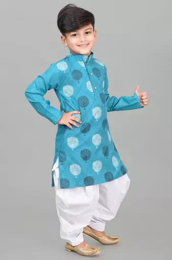 Blue poly-cotton printed kurta and patiyala
