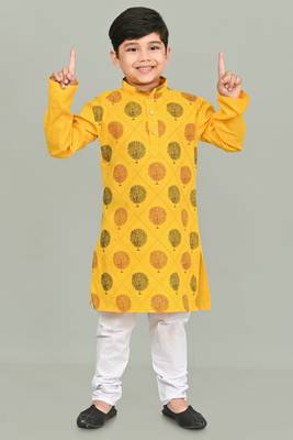 Mustard Yellow Multicolor Cotton Printed Kurta Pajama for kids 1