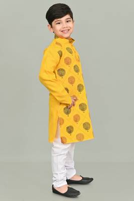 Mustard Yellow Multicolor Cotton Printed Kurta Pajama for kids 3