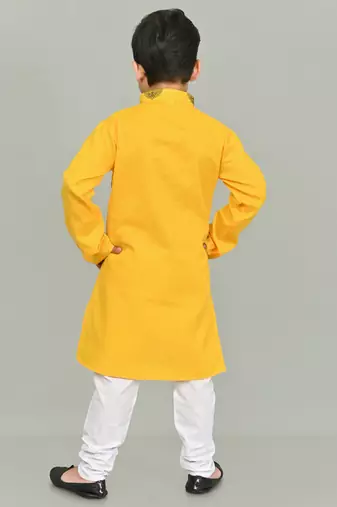 Mustard Yellow Multicolor Cotton Printed Kurta Pajama for kids