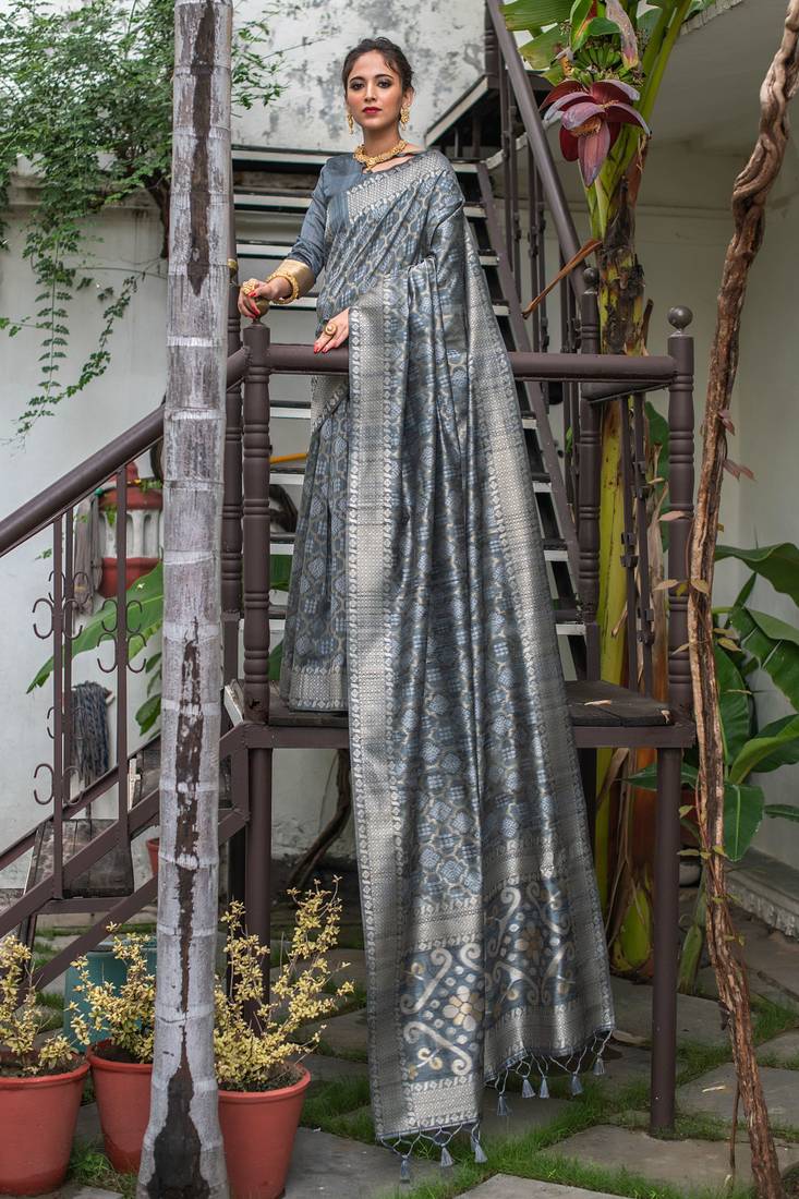 GREY  SILK  PATOLA  STYLE CLASSY SAREE