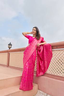 KORAMS DESIGN PINK KANJIVARAM SILK ZARI WOVEN FLORAL DESIGN CASUAL WEAR WOMEN SILK SAREE WITH BLOUSE 1