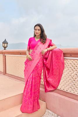 KORAMS DESIGN PINK KANJIVARAM SILK ZARI WOVEN FLORAL DESIGN CASUAL WEAR WOMEN SILK SAREE WITH BLOUSE 2