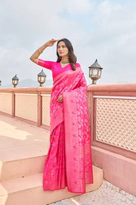 KORAMS DESIGN PINK KANJIVARAM SILK ZARI WOVEN FLORAL DESIGN CASUAL WEAR WOMEN SILK SAREE WITH BLOUSE 3