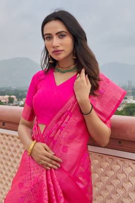 KORAMS DESIGN PINK KANJIVARAM SILK ZARI WOVEN FLORAL DESIGN CASUAL WEAR WOMEN SILK SAREE WITH BLOUSE 6