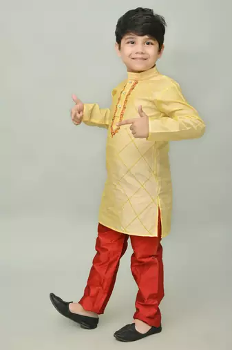 embroidery dupion silk kurta and pajama for boys. festive, party, formal, and casual wear