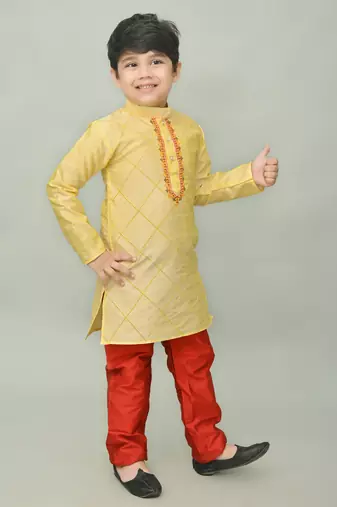 embroidery dupion silk kurta and pajama for boys. festive, party, formal, and casual wear