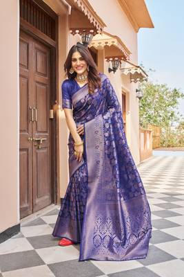 BLUE kanjivaram silk blend zari WOVEN FLORAL DESIGN CASUAL WEAR WOMEN SILK SAREE WITH BLOUSE 1