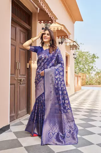 BLUE kanjivaram silk blend zari WOVEN FLORAL DESIGN CASUAL WEAR WOMEN SILK SAREE WITH BLOUSE