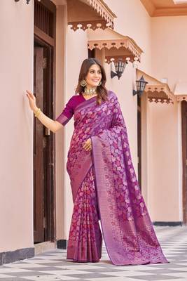 WINE kanjivaram silk blend zari WOVEN FLORAL DESIGN CASUAL WEAR WOMEN SILK SAREE WITH BLOUSE 1