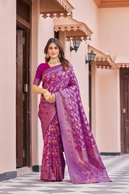 WINE kanjivaram silk blend zari WOVEN FLORAL DESIGN CASUAL WEAR WOMEN SILK SAREE WITH BLOUSE 7