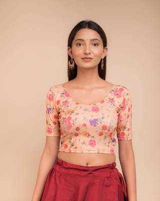 Peach Floral Print Zari Stretchable Blouse 1