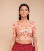 Peach Floral Print Zari Stretchable Blouse
