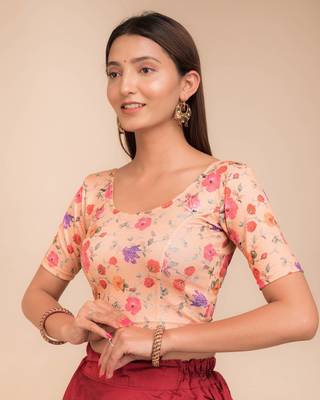 Peach Floral Print Zari Stretchable Blouse 2