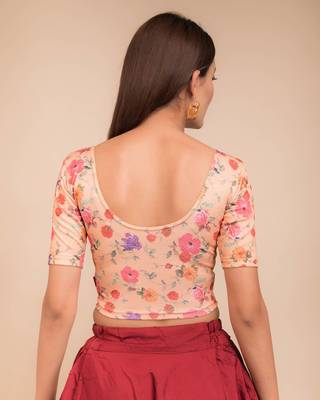 Peach Floral Print Zari Stretchable Blouse 3