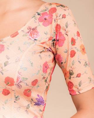 Peach Floral Print Zari Stretchable Blouse 4