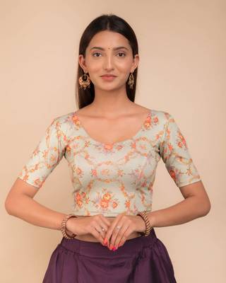 Green Floral Print Zari Stretchable Blouse 1