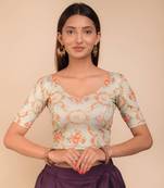 Green Floral Print Zari Stretchable Blouse