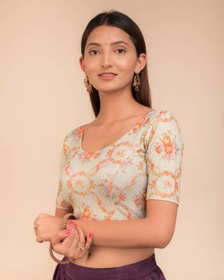 Green Floral Print Zari Stretchable Blouse 2