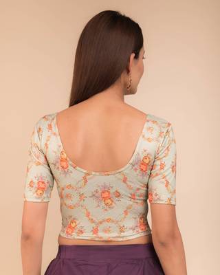 Green Floral Print Zari Stretchable Blouse 3