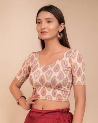 Multicolour Leaf Print Zari Stretchable Blouse 2