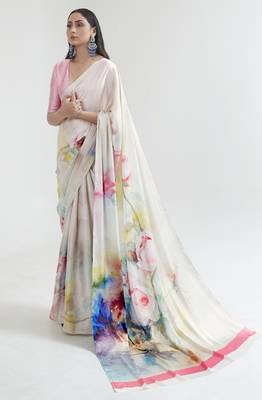 Cream satin crepe digital print saree with blouse 1